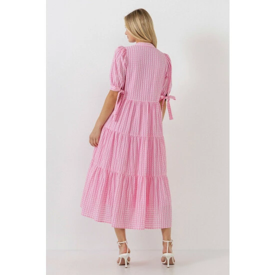 English Factory Gingham Tiered Midi Dress With Bow Tie Sleeves Dresses Pink - Image 9