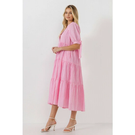 English Factory Gingham Tiered Midi Dress With Bow Tie Sleeves Dresses Pink - Image 10
