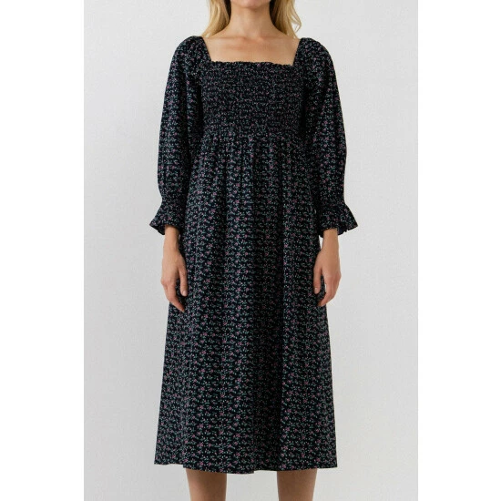 English Factory Floral Smocked Midi Dress Dresses Black