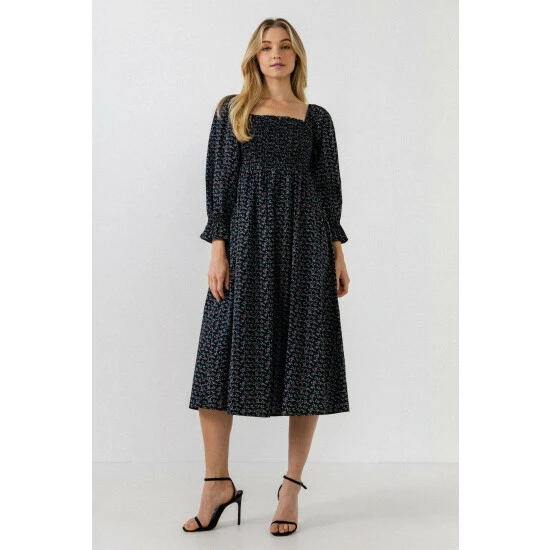 English Factory Floral Smocked Midi Dress Dresses Black - Image 2