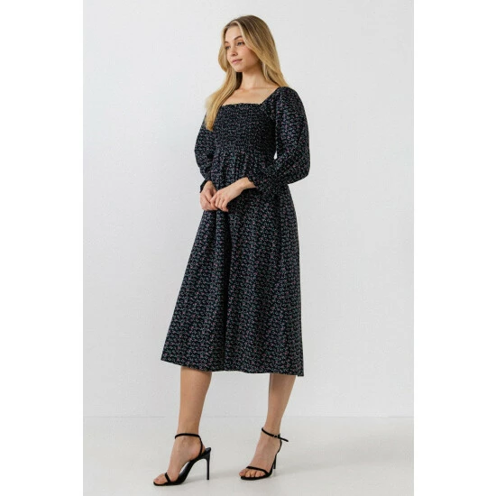 English Factory Floral Smocked Midi Dress Dresses Black - Image 3