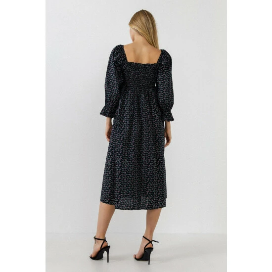 English Factory Floral Smocked Midi Dress Dresses Black - Image 4