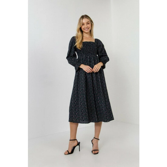English Factory Floral Smocked Midi Dress Dresses Black - Image 5