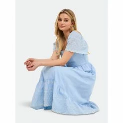 English Factory Embroidered Midi With Scalloped Hem Dresses Light Blue