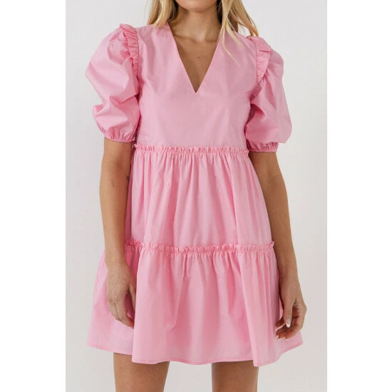 English Factory Ruffle Detail Puff Sleeve Mini Dress Dresses Pink - Image 5