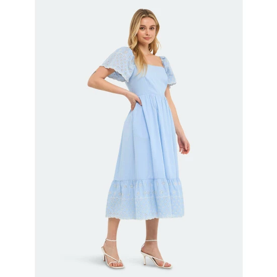 English Factory Embroidered Midi With Scalloped Hem Dresses Light Blue - Image 3