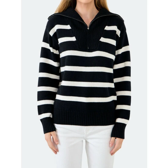 English Factory Striped Knit Zip Pullover Sweatshirts & Sweaters Black - Image 6