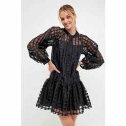 English Factory Check Organza Buttoned Long Sleeve Mini Dress Dresses Red