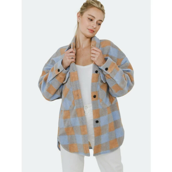 English Factory Gingham Shacket With Front Double Pockets Coats, Jackets & Blazers Blue