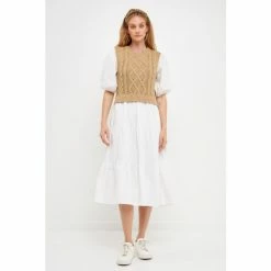 English Factory Mixed Media Cable Knit Down Midi Dress Dresses Heather Grey/white