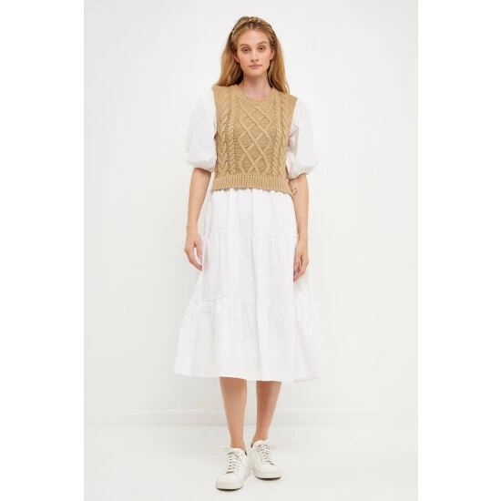 English Factory Mixed Media Cable Knit Down Midi Dress Dresses Heather Grey/white 1 English Factory Mixed Media Cable Knit Down Midi Dress Dresses Heather Grey/white