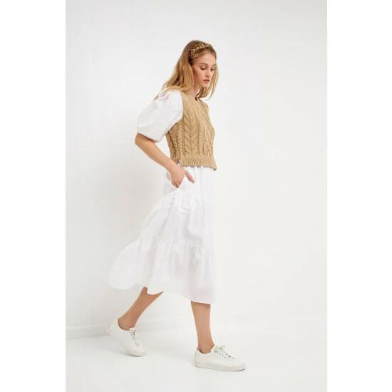 English Factory Mixed Media Cable Knit Down Midi Dress Dresses Heather Grey/white 2 English Factory Mixed Media Cable Knit Down Midi Dress Dresses Heather Grey/white - Image 2