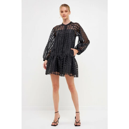 English Factory Check Organza Buttoned Long Sleeve Mini Dress Dresses Red - Image 2