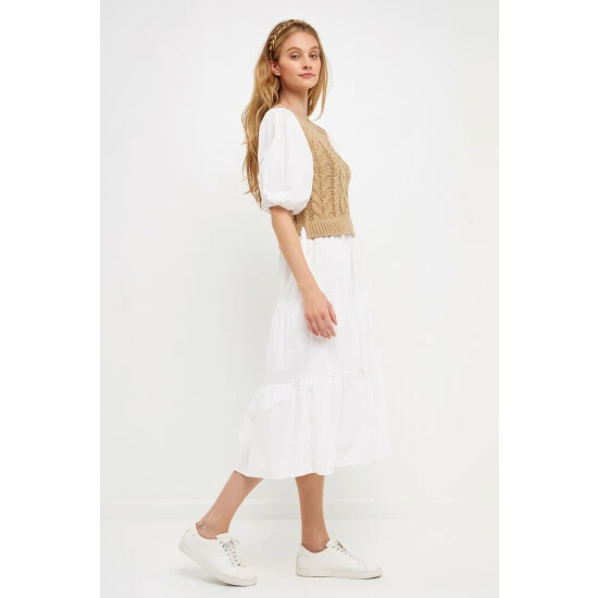 English Factory Mixed Media Cable Knit Down Midi Dress Dresses Heather Grey/white 3 English Factory Mixed Media Cable Knit Down Midi Dress Dresses Heather Grey/white - Image 3