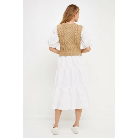 English Factory Mixed Media Cable Knit Down Midi Dress Dresses Heather Grey/white 4 English Factory Mixed Media Cable Knit Down Midi Dress Dresses Heather Grey/white - Image 4