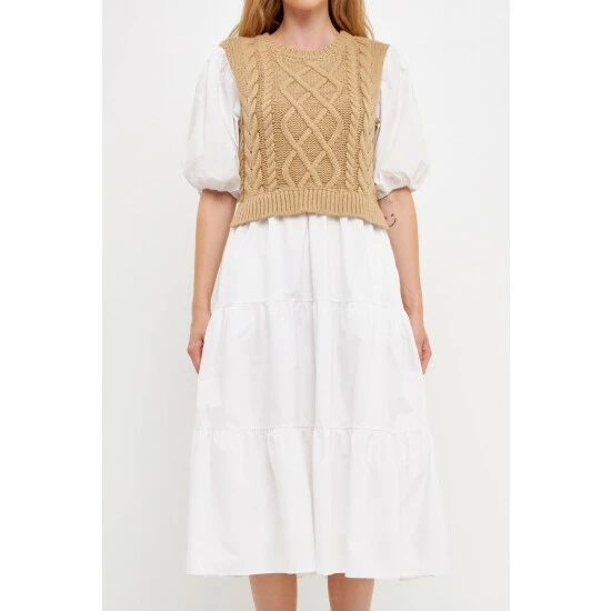 English Factory Mixed Media Cable Knit Down Midi Dress Dresses Heather Grey/white 5 English Factory Mixed Media Cable Knit Down Midi Dress Dresses Heather Grey/white - Image 5
