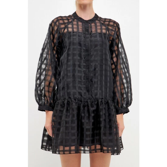 English Factory Check Organza Buttoned Long Sleeve Mini Dress Dresses Red - Image 3