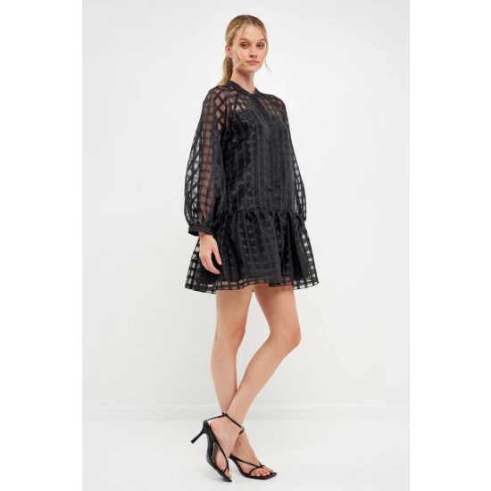 English Factory Check Organza Buttoned Long Sleeve Mini Dress Dresses Red - Image 4