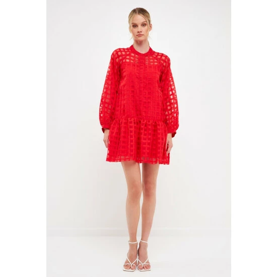 English Factory Check Organza Buttoned Long Sleeve Mini Dress Dresses Red - Image 6