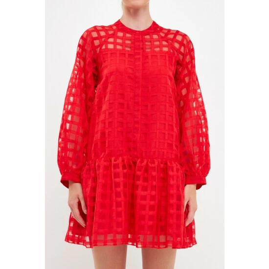 English Factory Check Organza Buttoned Long Sleeve Mini Dress Dresses Red - Image 7