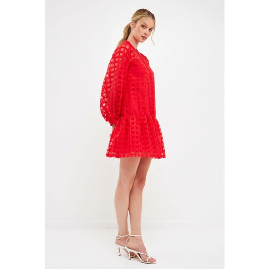 English Factory Check Organza Buttoned Long Sleeve Mini Dress Dresses Red - Image 8