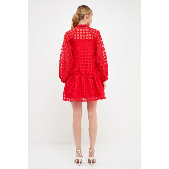 English Factory Check Organza Buttoned Long Sleeve Mini Dress Dresses Red - Image 9