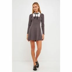 English Factory Mixed Media Cable Knit Sweater Dress Dresses Grey