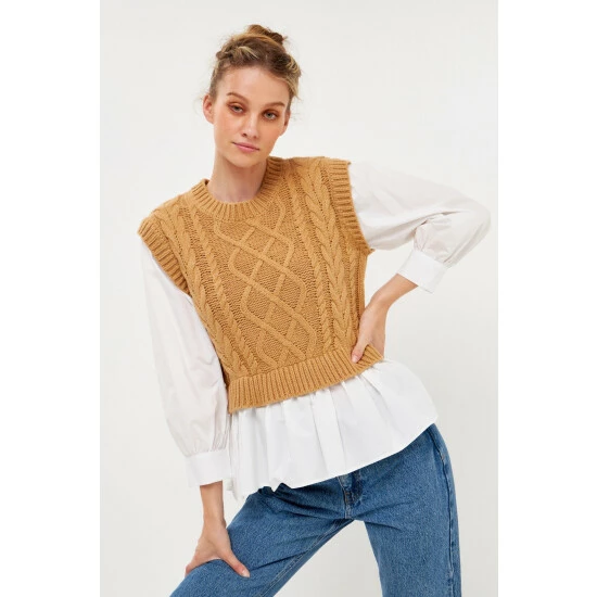 English Factory Mixed Media Cable Detail Sweater Sweatshirts & Sweaters Black/white - Image 2