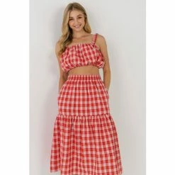 English Factory Plaid Ruched Thick Strap Bandeau Tops Red