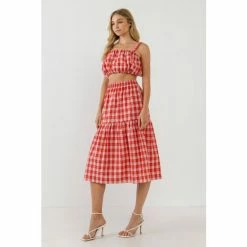 English Factory Plaid Ruched Thick Strap Bandeau Tops Red -English Factory Shop unnamed file 2102
