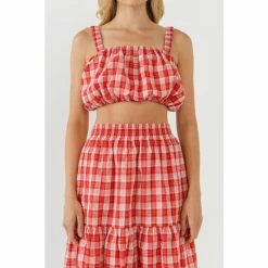 English Factory Plaid Ruched Thick Strap Bandeau Tops Red -English Factory Shop unnamed file 2104