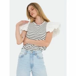 English Factory Stripe Knit With Poplin Puff Sleeve Top Tops White/black