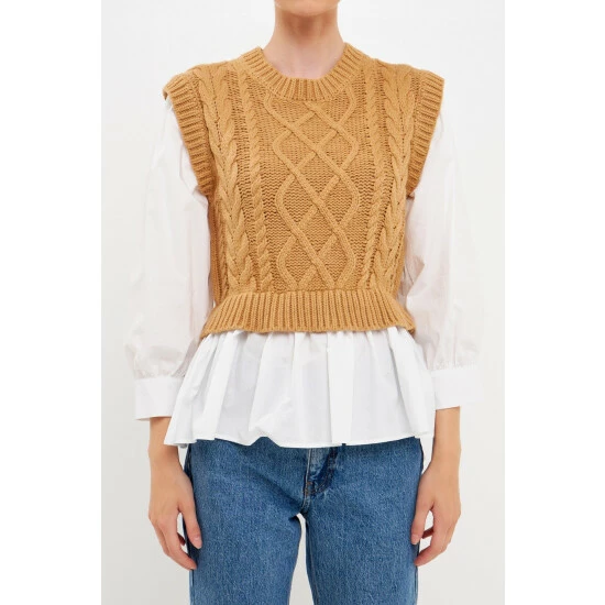 English Factory Mixed Media Cable Detail Sweater Sweatshirts & Sweaters Black/white - Image 3