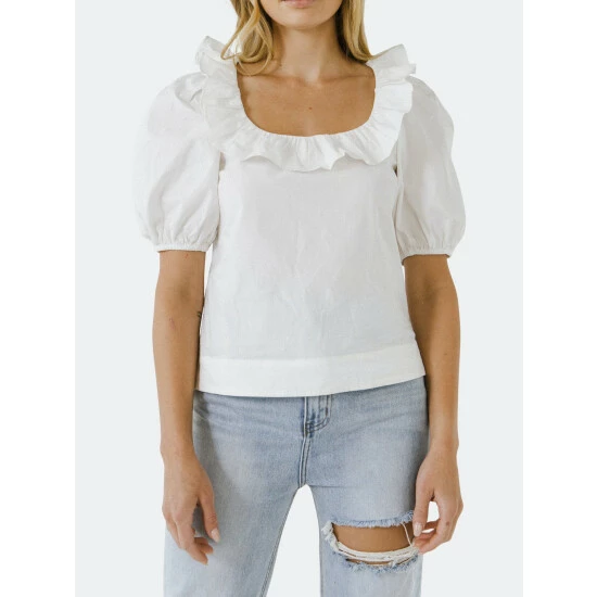 English Factory U- Neckline Puff Sleeve Top Tops White - Image 5
