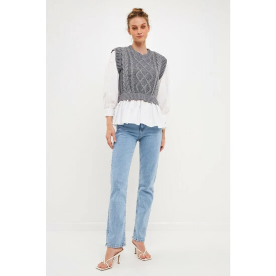 English Factory Mixed Media Cable Detail Sweater Sweatshirts & Sweaters Black/white - Image 6