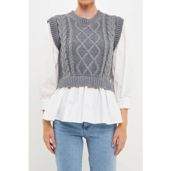 English Factory Mixed Media Cable Detail Sweater Sweatshirts & Sweaters Black/white - Image 7