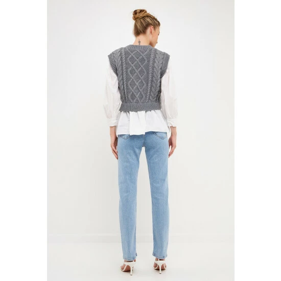 English Factory Mixed Media Cable Detail Sweater Sweatshirts & Sweaters Black/white - Image 8