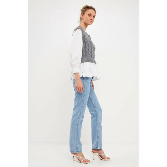 English Factory Mixed Media Cable Detail Sweater Sweatshirts & Sweaters Black/white - Image 9