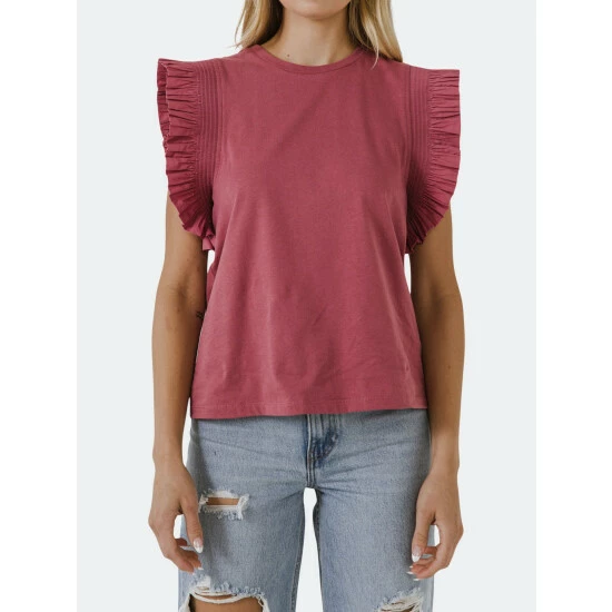 English Factory Poplin Knit Mixed Ruffle Detail Top Tops Dusty Blue - Image 8