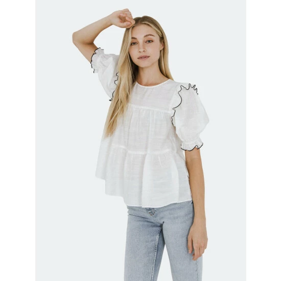 English Factory Contrast Detail Ruffle Top Tops White