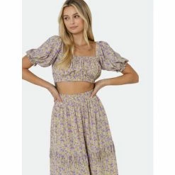 English Factory Floral Cropped Top Tops Yellow/purple