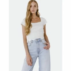 English Factory Scallop Hem Square Neck Short Sleeve Top Tops Off White