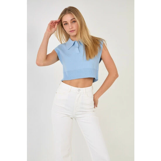 English Factory Knit Top With Collar Tops Powder Blue