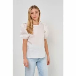 English Factory Open Back Bow Detail Top With Puff Sleeves Tops White
