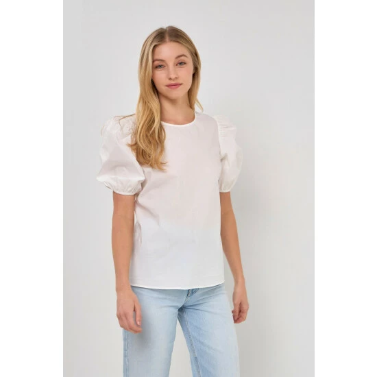 English Factory Open Back Bow Detail Top With Puff Sleeves Tops White