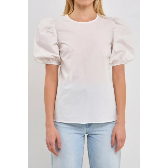 English Factory Open Back Bow Detail Top With Puff Sleeves Tops White - Image 2