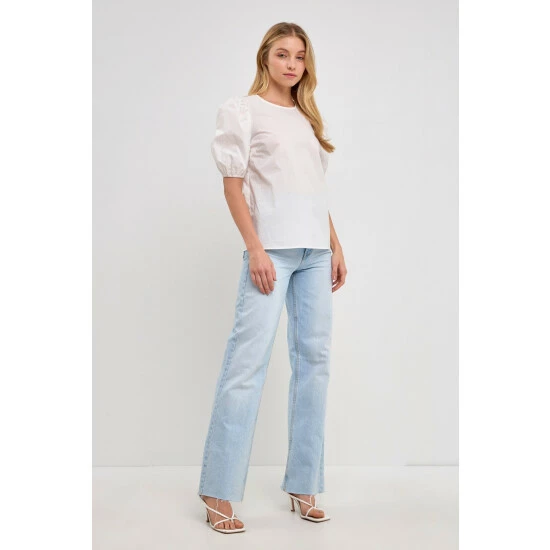 English Factory Open Back Bow Detail Top With Puff Sleeves Tops White - Image 4
