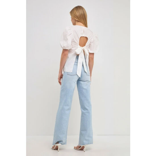 English Factory Open Back Bow Detail Top With Puff Sleeves Tops White - Image 5