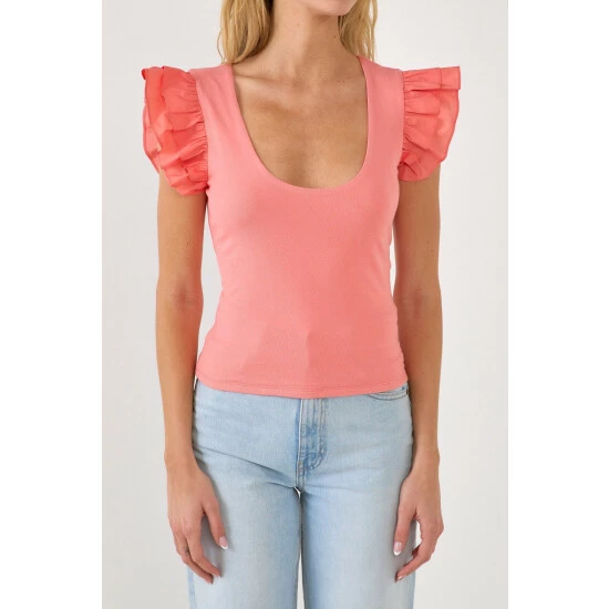 English Factory Ruffle Sleeve Tank Top Tops Salmon Pink - Image 5