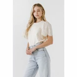 English Factory Eyelet Scallop T-shirt Tops Beige